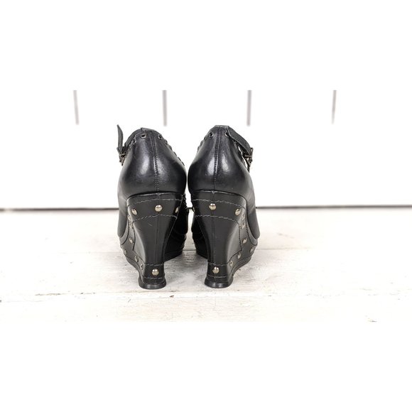 BCBG black studded grommet leather open toe platform wedge sandal 7/37 - Picture 6 of 7